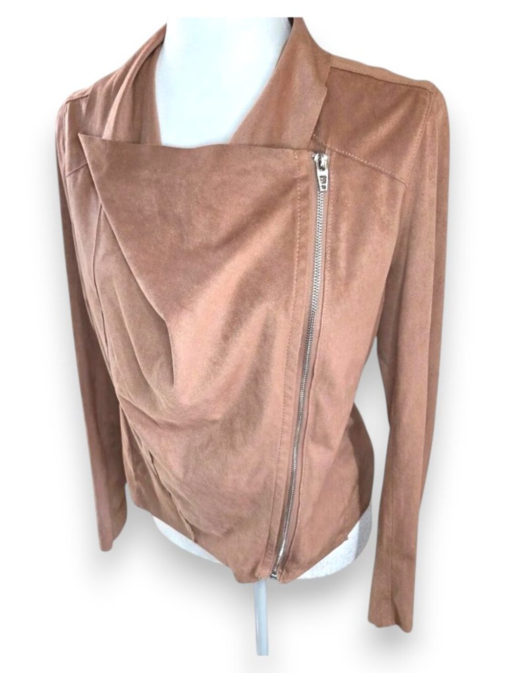 BlankNYC Tan Faux Suede Moto Jacket Draped Asymmetrical Zip Size Medium - Picture 5 of 14